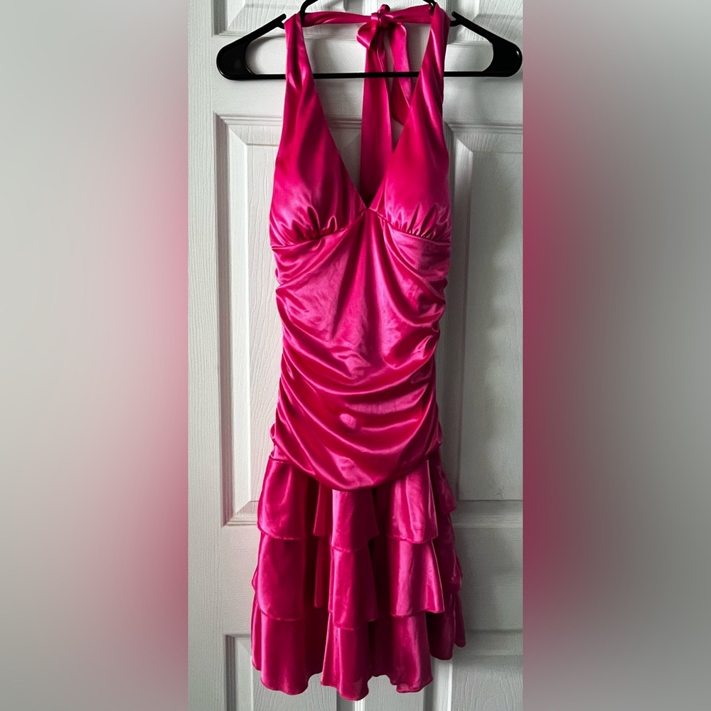 Ruby Rox Fuchsia Pink Vintage Satin Y2K Tie Halter Cocktail Flapper Style Dress